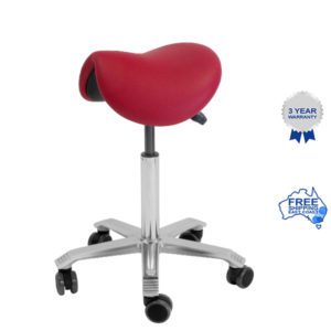 Red color saddle stool for hairdresser and dental assistant